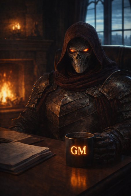A dark fantasy illustration shows a skeletal figure wearing a red hood and dark armor, seated at a wooden desk with a glowing 'GM' mug, papers, and a fireplace in the background.