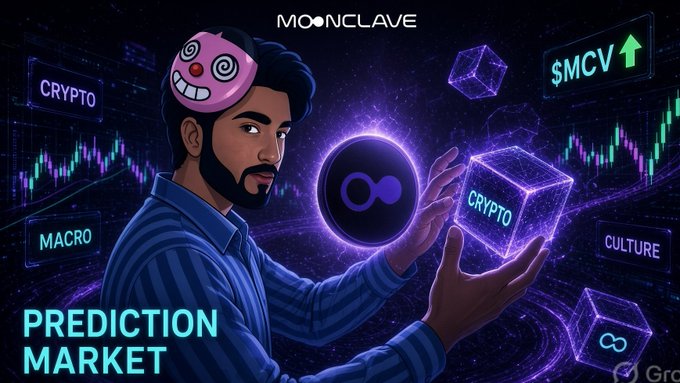A colorful digital illustration by Moonclave promoting a "PREDICTION MARKET," showing a bearded man in a pink mask handling holographic cubes labeled "CRYPTO," surrounded by floating panels displaying "CRYPTO," "MACRO," "$MCV" (with a green up arrow), and "CULTURE."