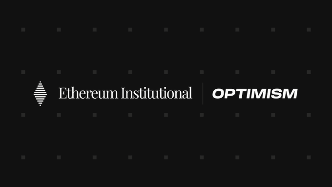 The image displays logos for "Ethereum Institutional" and "OPTIMISM" on a dark background, visually representing the partnership or alignment between Optimism and Ethereum's institutional efforts. This supports the post's announcement of OP Enterprise, Optimism's new offering for customizable, managed chain infrastructure aimed at supporting institutional adoption within the Ethereum ecosystem.