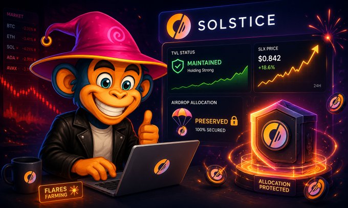 The image features a cartoon monkey sitting at a laptop computer with a smiley face. The monkey appears to be giving a thumbs up while using the laptop. In front of the monkey, there are icons related to an allocation system for a project called Solstice. The text in the image reads "I'M Always amazed by people who simply disappear after receiving an airdrop allocation to some project. As an ambassador for @solsticefi , I remind everyone about the need to maintain your TVL if you chose 3-month vesting until the end of the season".