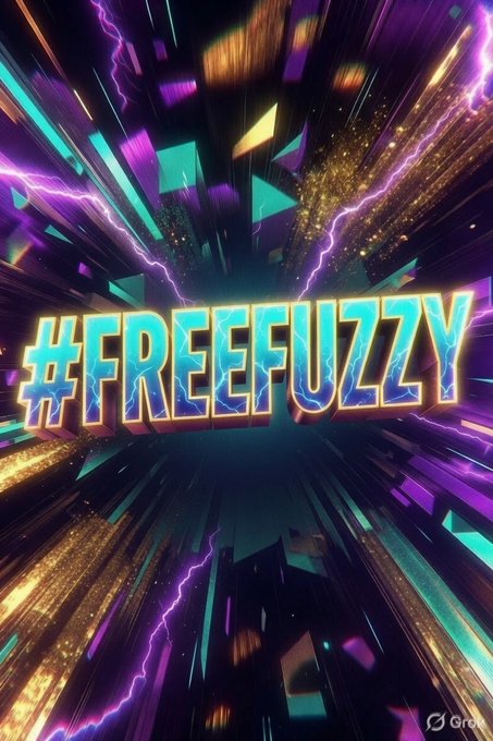 Vibrant graphic with neon purple lightning bolts and geometric shapes surrounding the glowing text '#FREEFUZZY' in a stylized, electric font.