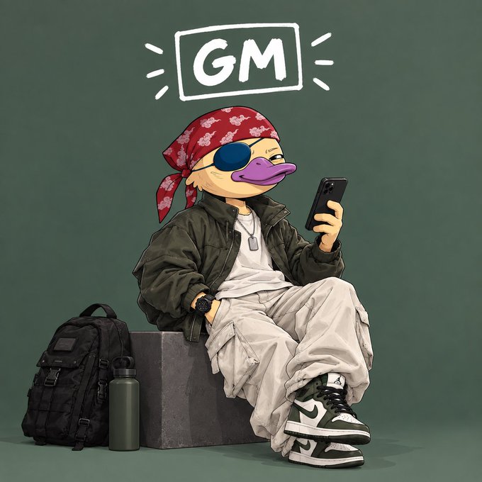 Illustration of an anthropomorphic duck character wearing a red bandana, blue eyepatch, bomber jacket, and cargo pants with Air Jordan 1 sneakers, sitting on a block while holding a smartphone, with 'GM' displayed above.