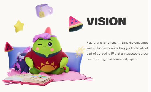 A 'VISION' slide features a cute green character named 'Dino Gotchis' surrounded by floating items like tea, watermelon, and pizza, with text explaining their mission to spread 'healthy living, and community spirit'.