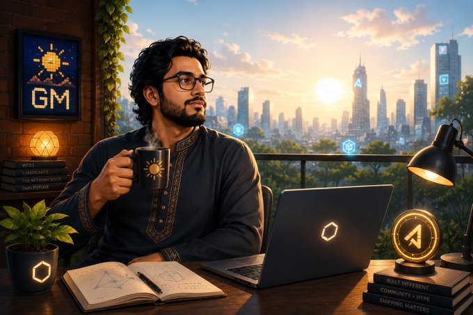 A digital illustration of a man with glasses holding a coffee mug and using a laptop, with the screen and surrounding objects glowing with cryptocurrency and finance-related symbols against a city skyline at sunset.