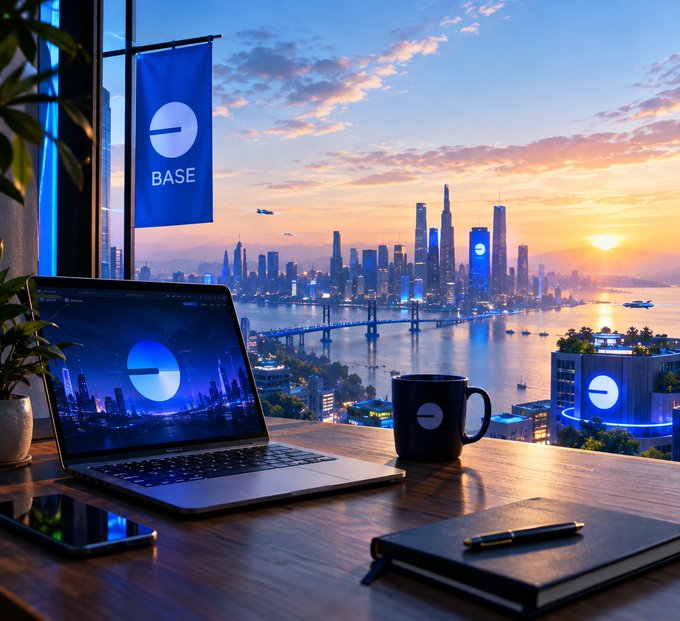 A scenic digital illustration showing a wooden desk with a laptop, coffee mug, and notebook in the foreground, overlooking a glowing cityscape at sunset with a blue 'BASE' banner hanging from the window.