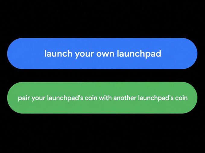 The image shows two pill-shaped buttons on a black background—a blue one reading "launch your own launchpad" and a green one reading "pair your launchpad's coin with another launchpad's coin"—humorously illustrating the post's lament about the oversaturation of memecoin launchpads, where creators can now easily spin up and even cross-pair tokens with other launchpads, suggesting an absurdly bloated and competitive market.