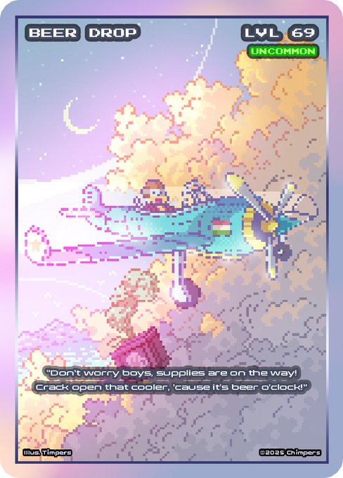 A pixel art 'BEER DROP' trading card from IlluvitTimers labeled as 'LVL 69 UNCOMMON', showing a biplane delivering supplies with the quote 'Don't worry boys, supplies are on the way!'