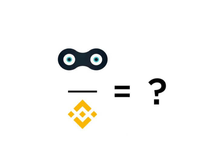 A graphic featuring a black binoculars/mask icon with teal eyes above a Binance (BNB) logo, followed by an equals sign and a question mark.