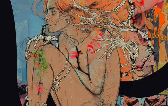 Comic book-style artwork showing a nude figure with orange hair wrapped in thorny vines with red kiss marks on their back.
