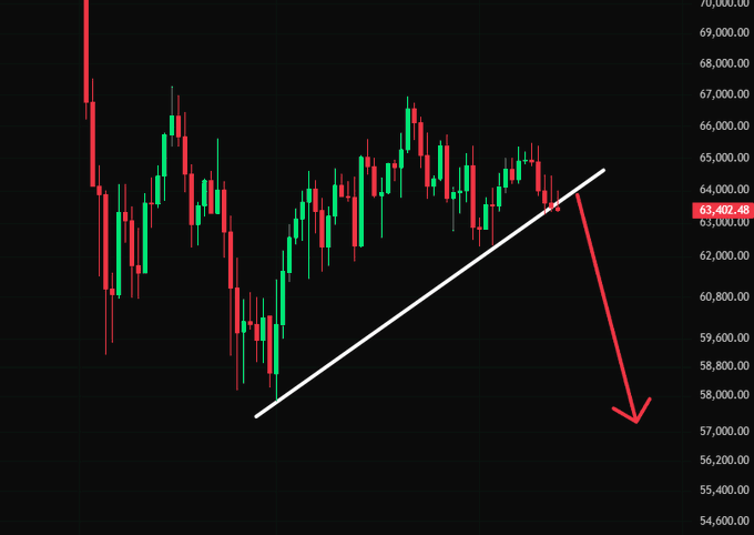 The image shows a BTC/USD candlestick chart with an ascending trendline that has just been broken, accompanied by a red arrow pointing downward toward the $57,000 level, supporting the post's question about an impending Bitcoin dump.