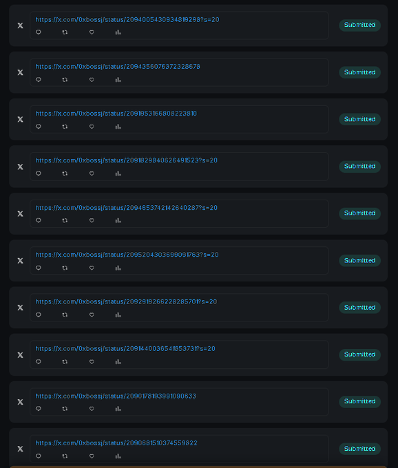 A screenshot of multiple submitted URLs, all pointing to 'fx.com/0xbossi/status/' followed by various long numeric strings, each marked with a 'Submitted' status tag.
