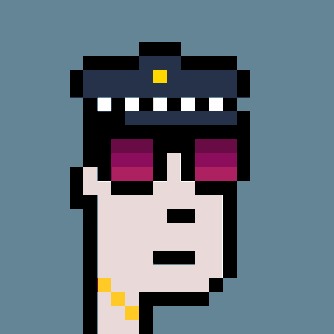 A pixel art illustration depicts a creature with a wide grin showing teeth, wearing a dark hat with a yellow buckle, with pink/purple eyes and a pale body.