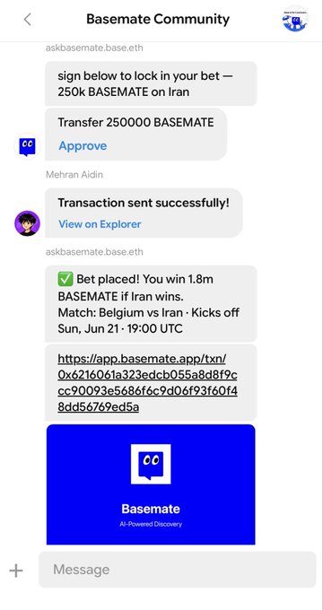 In this image, we can see a smartphone screen displaying a conversation with a group of people. The main focus of the discussion appears to be related to something called "Base Mate," which is an account for receiving emails about events or sports. A post on Base Mate's chat page invites users to join the Basemate Community chat and discuss world cup. The text on this message includes a success notification, indicating that a transaction has been settled successfully through the service provided by @basamemateagent.