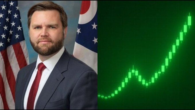 A portrait of JD Vance, with the American and Ohio flags behind him, is juxtaposed with a bright green candlestick chart showing a sharp upward trend, symbolizing optimism for the CLARITY Act's potential to boost the crypto market.