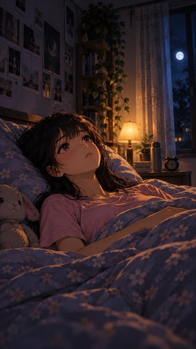 An anime-style illustration depicts a girl lying in bed with floral blankets, gazing up at the moon visible through a window.