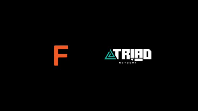 A black background displaying two logos side-by-side: an orange 'F' logo on the left and the 'ATRIAD NETWORK' logo in teal and white on the right.