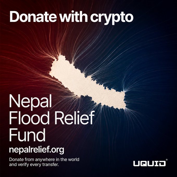 A donation campaign poster for the "Nepal Flood Relief Fund" (nepalrelief.org) by UQUID, featuring a textured map of Nepal and the text "Donate with crypto - Donate from anywhere in the world and verify every transfer."