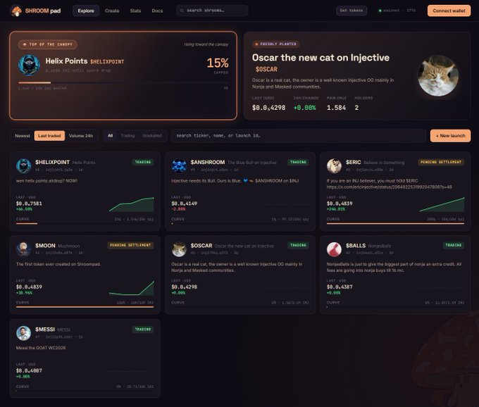 A screenshot of the SHROOM pad website displaying various meme token launchpads including Helix Points, SANDHROOM, SERIC, $MOON, SOSCAR, $BALLS, and $MESSI with their last USD prices.