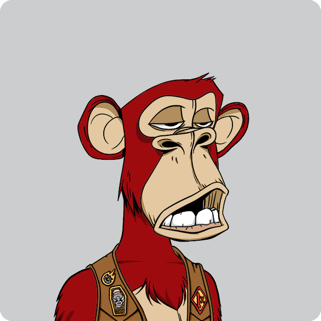 A digital illustration of a red-furred monkey character wearing a brown vest with patches, displaying a tired or unimpressed facial expression.