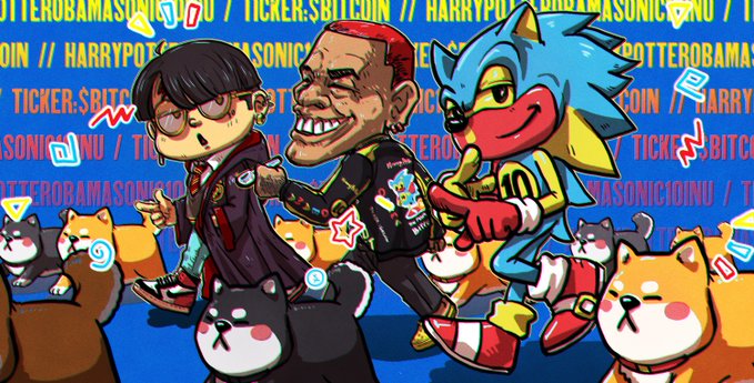 A vibrant cartoon-style illustration featuring a character in a suit, a grinning figure, and a blue wolf-like character surrounded by Shiba Inu dogs, with a background repeating 'HARRY POTTER', 'TICKER', and 'BITCOIN'.