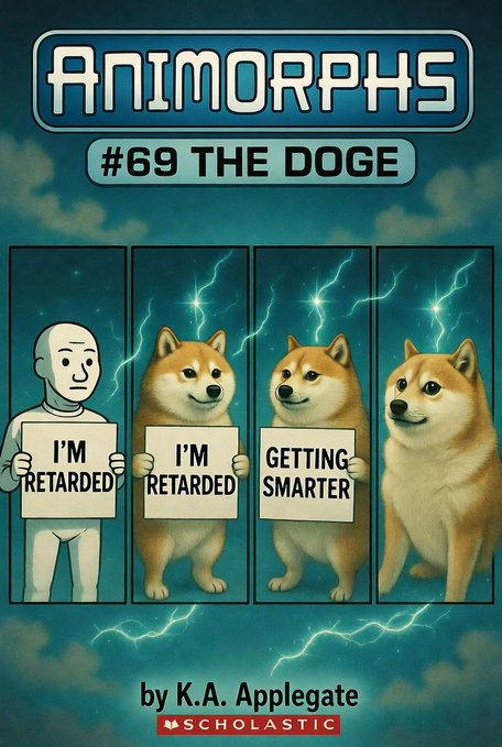Animate book cover for "Animal Morphes #69 the Doge" by K. A. Applegate, featuring four cartoon dogs holding signs with the title and author's name.