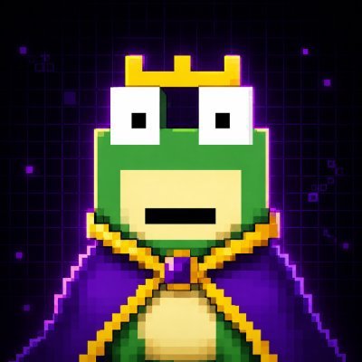 A pixel art illustration of a green frog character wearing a yellow crown and a purple and gold royal robe against a dark grid background.