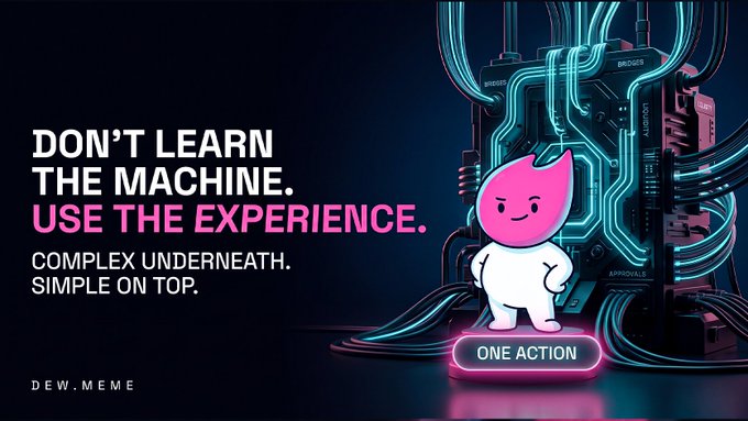 A promotional graphic featuring a pink and white mascot character with the text 'DON'T LEARN THE MACHINE. USE THE EXPERIENCE. COMPLEX UNDERNEATH. SIMPLE ON TOP.' and a 'ONE ACTION' button.