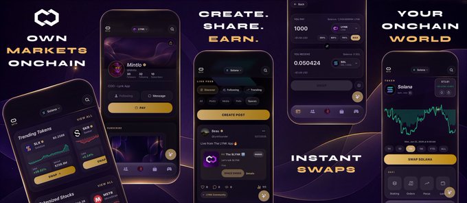 A promotional graphic for a crypto platform showing multiple phone screens with text 'OWN MARKETS ONCHAIN', 'CREATE. SHARE. EARN.', 'YOUR ONCHAIN WORLD', and 'INSTANT SWAPS'.