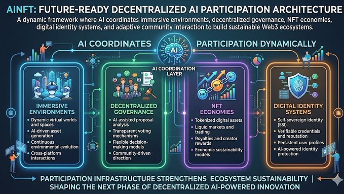 In this image, a large graphic displays a step-by-step breakdown of the process for creating an AI platform that supports decentralized systems and AI participation. The infographic breaks down five key phases of development for a Web3 ecosystem, including data synchronization, AI coordination, digital identity systems, economies, and ecosystem sustainability. Each phase is represented by a colorful box filled with various icons and logos related to the respective aspect of the process. The image also includes text that explains how each phase relates to the bigger picture of an AI-enabled future for Web3 ecosystems.