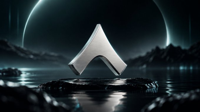 A metallic 3D chevron logo resting on a dark rock with a glowing circular light in the background over water.