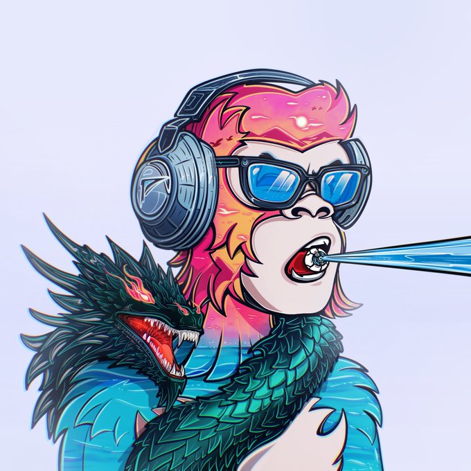 Vibrant digital illustration of a fiery orange and red ape-like character wearing large headphones and blue sunglasses, with a dark scaled dragon emerging from its chest.