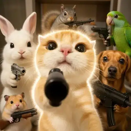 A fluffy orange cat with wide eyes stands at the center, pointed directly at the viewer, surrounded by an armed crew of animals including a white rabbit, a squirrel, a green parrot, a brown dachshund, and a hamster—all holding firearms in a chaotic, meme-style lineup for the "Animals Wif Guns" crypto coin.