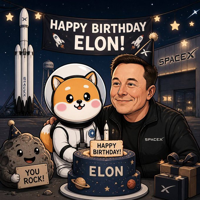 A SpaceX-themed birthday illustration features a cartoon Elon Musk posing with a Shiba Inu mascot in an astronaut suit, with a "HAPPY BIRTHDAY ELON!" banner overhead and a space-themed cake displaying "ELON" and "HAPPY BIRTHDAY!" while an asteroid character holds a "YOU ROCK!" sign.

The image directly celebrates Elon Musk's birthday, tying into the post's tribute by combining SpaceX branding and the "Asteroid Shiba" meme coin community's support for Musk's vision of making humanity multiplanetary.