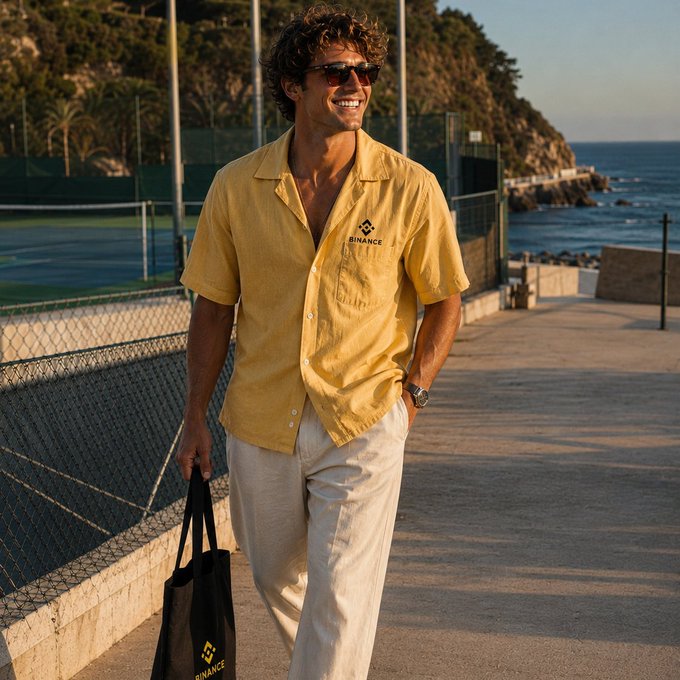 A smiling man in sunglasses strolls along a coastal walkway near tennis courts, carrying a tote bag and wearing a yellow shirt with "BINANCE" branding, capturing the relaxed Friday mood.