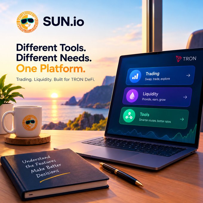 A promotional image for SUN.io displays the tagline 'Different Tools. Different Needs. One Platform.' with the subtitle 'Trading. Liquidity. Built for TRON DeFi,' featuring a laptop showing Trading, Liquidity, and Tools options on a desk beside a notebook reading 'Understand the Features Make Better Decisions.'