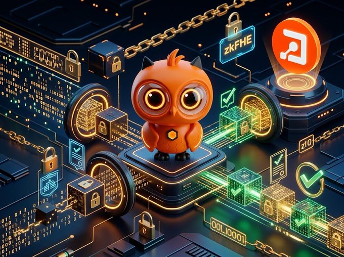 A 3D illustration of an orange owl-like character standing on a glowing platform surrounded by digital chains, padlocks, and data blocks, with 'zkFHE' displayed on a screen.