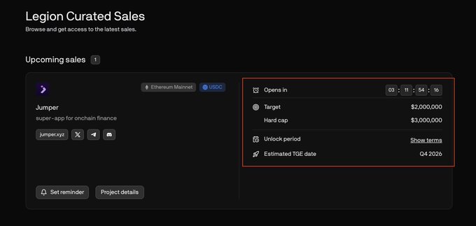 A Legion Curated Sales page displays an upcoming token sale for "Jumper" (jumper.xyz), described as a "super-app for onchain finance" on Ethereum Mainnet, with a $2,000,000 target, $3,000,000 hard cap, a 3-day, 11-hour, 54-minute, 16-second countdown, and an estimated Q4 2026 TGE date. This relates to the accompanying text by showing the platform where Jumper's token launch is being hosted, supporting the claim about its cross-chain bridge aggregator status and ongoing operational status.