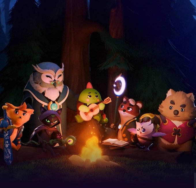 A charming illustration shows a group of adorable animal characters—including an owl, bear, fox, and a turtle with a ukulele—around a nighttime campfire in the woods, evoking warmth and good company. The cozy, whimsical scene perfectly matches the post's message of gathering together for a season of warmth and beautiful memories with the Sleepagotchi community.