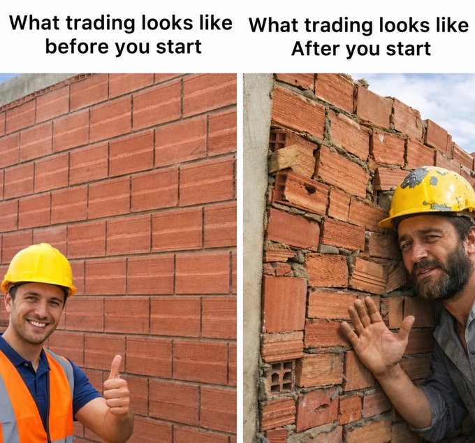 A meme with two panels: "What trading looks like before you start" showing a smiling construction worker, and "After you start" showing him pressed against a crumbling brick wall.