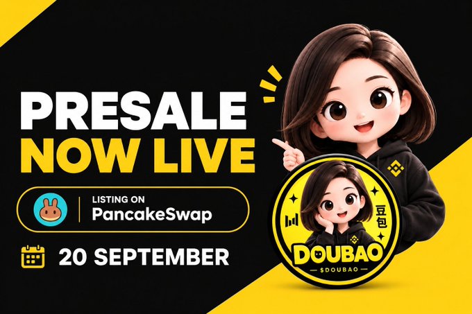 A promotional banner announces "PRESALE NOW LIVE" for "DOUBAO" ($DOUBAO) on PancakeSwap starting "20 SEPTEMBER," featuring a cartoon girl character.
