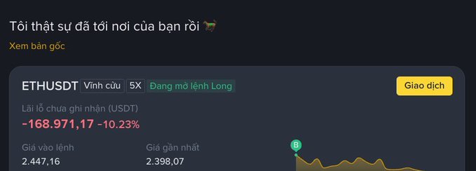 A Binance screenshot showing an ETHUSDT perpetual futures position with an unrealized loss of -168,971.17 USDT (-10.23%), entry price 2,447.16 and current mark price 2,398.07, captioned "Tôi thật sự đã tới nơi cùng của bạn rồi" ("I've truly reached my limit with you"). The image illustrates the painful unrealized losses of an ETH long opened during the crash low, contrasting with the post's note that ETH has rebounded ~60% toward $3.3K, leading many previously bearish traders to FOMO into long positions.