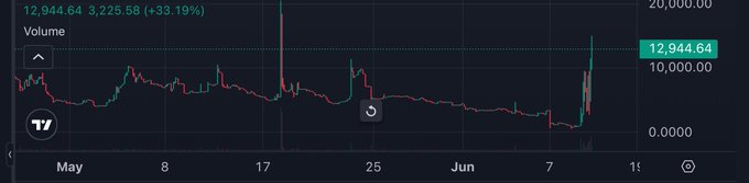 A TradingView candlestick chart shows a cryptocurrency (TAO) trading around 12,944.64 with a +33.19% gain, featuring a dramatic price spike followed by consolidation between May and mid-June. The chart visually supports the post's claim of a ~4x return (from 2.5K to ~13K market cap) on the TAO token call shared in the TaigonDAO Discord.