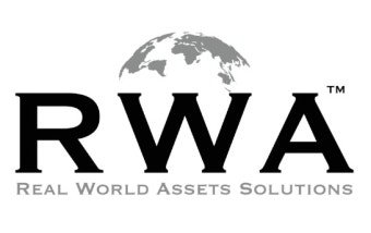 Logo for RWA (Real World Assets Solutions) featuring a gray globe graphic above the black text on a white background.