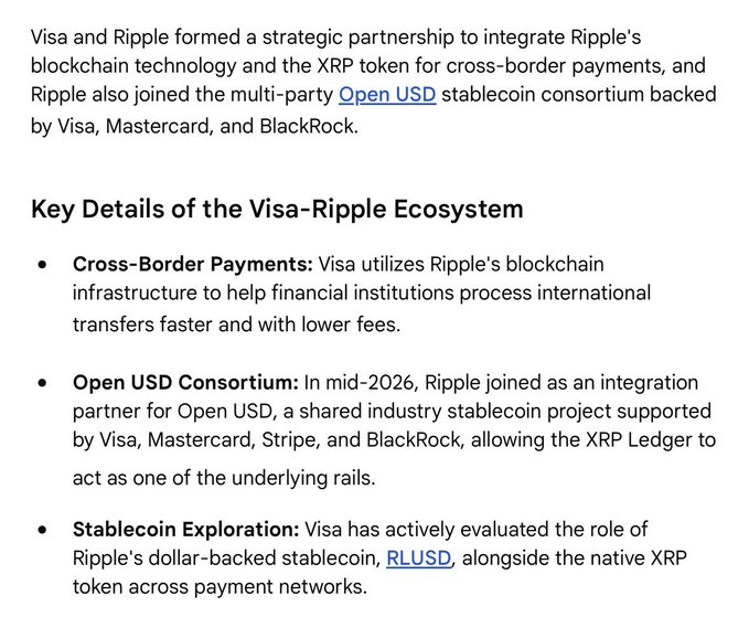 The image displays a text excerpt detailing the Visa-Ripple partnership, highlighting key elements such as the integration of Ripple's blockchain technology and XRP token for cross-border payments, Ripple's membership in the Open USD consortium, and Visa's evaluation of Ripple's RLUSD stablecoin alongside XRP.