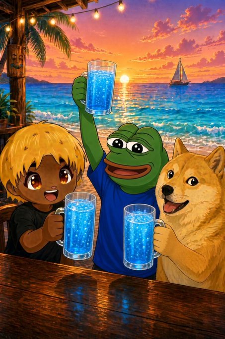 A digital illustration showing three characters—a boy, a green frog, and a Shiba Inu dog—cheering with blue glowing drinks at a beach bar at sunset.