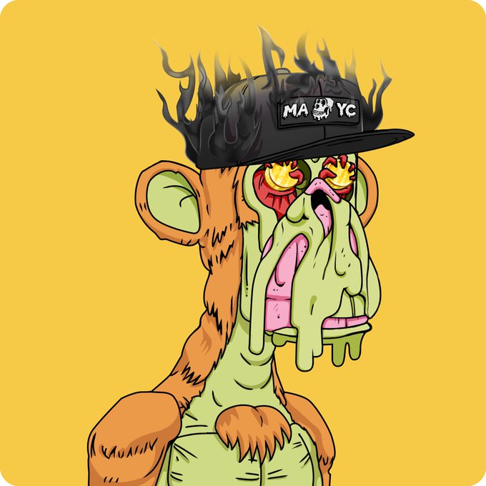 Illustration of a melting green monkey-like creature wearing a black cap labeled 'MAYOS' with a white skull and flames rising from its head.