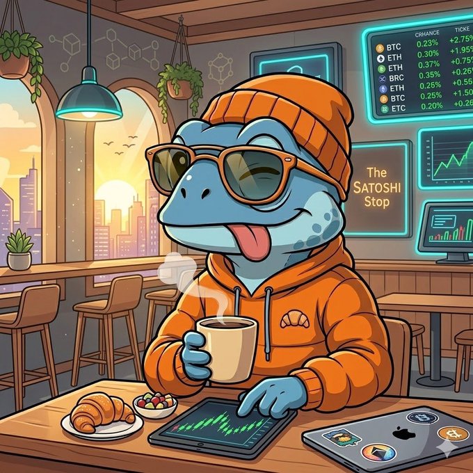 The image features a cartoon frog wearing an orange sweater, sunglasses, and holding a cup of coffee while sitting at a table with a laptop computer open in front of him. The background shows a cityscape with buildings under a blue sky, suggesting that the scene takes place outdoors during daylight hours. The post on the image reads "GM FELLOWS Green days is on the way!", which implies that the weather might be pleasant and sunny, making it an ideal day for outdoor activities or enjoying a cup of coffee while working at a cafe.