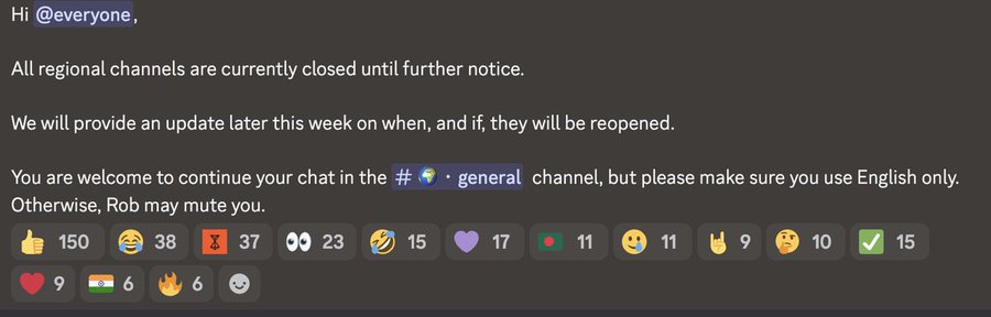 A Discord message stating 'Hi @everyone, All regional channels are currently closed until further notice,' with various reaction emojis and counts below.
