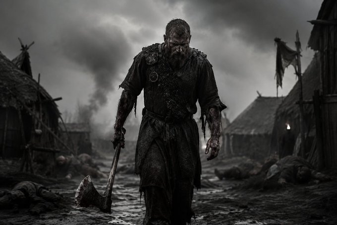 A weary, battle-worn warrior walks through a desolate, war-torn village, clutching an axe and reflecting the "journey" mentioned in the post. The dark, gritty imagery serves as a metaphor for perseverance through hardship and the grit required to keep moving forward.