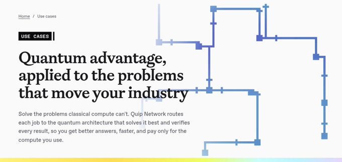 A webpage header from Quip displaying the headline 'Quantum advantage, applied to the problems that move your industry' alongside a stylized blue circuit-like graphic.